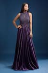 Buy_Samyukta Singhania_Purple Tissue Beads, Sequins High , Keyhole Embellished Gown _at_Aza_Fashions