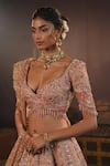 House of ayra_Peach Silk, Net Embroidery, Zari, Mirrors, Flora Thread Bridal Lehenga Set _Online_at_Aza_Fashions