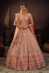 Buy_House of ayra_Peach Silk, Net Embroidery, Zari, Mirrors, Flora Thread Bridal Lehenga Set _at_Aza_Fashions
