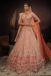 House of ayra_Peach Silk, Net Embroidery, Zari, Mirrors, Flora Thread Bridal Lehenga Set _at_Aza_Fashions
