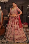 Buy_House of ayra_Maroon Silk, Net Embroidery, Beads, Sequins, Zari, Saanj Bridal Lehenga Set _at_Aza_Fashions