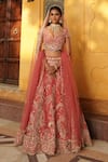 Shop_House of ayra_Peach Silk, Net Embroidery, Sequins, Zari Sweetheart Salmon Raw Lehenga Set _at_Aza_Fashions