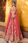 Buy_House of ayra_Peach Silk, Net Embroidery, Sequins, Zari Sweetheart Salmon Raw Lehenga Set _at_Aza_Fashions