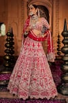 Shop_House of ayra_Red Silk, Net Embroidery, Sequins, Zari Peony Jharokha Motif Bridal Lehenga Set _at_Aza_Fashions