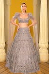 Buy_House of ayra_Silver Sequins, Pearls, Beads, Feathers Platinum And Embroidered Lehenga Set _at_Aza_Fashions