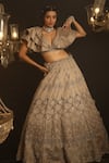 Buy_House of ayra_Beige Sequins, Embroidery Champel Geometric And Floral Motif Lehenga & Blouse Set _at_Aza_Fashions