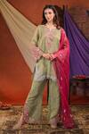 Shop_Farha Syed_Green Chanderi Silk, Organza Embroidery, Zari, Sequins Split Kurta Pant Set _at_Aza_Fashions