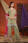 Shop_Farha Syed_Green Chanderi Silk, Organza Embroidery, Zari, Sequins Split Kurta Pant Set _Online_at_Aza_Fashions