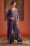 Buy_Farha Syed_Purple Silk, Organza Embroidery, Sequins, Zari Split V-neck Kurta Pant Set _at_Aza_Fashions