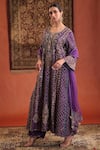 Farha Syed_Purple Silk, Organza Embroidery, Sequins, Zari Split V-neck Kurta Pant Set _Online_at_Aza_Fashions