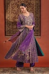 Shop_Farha Syed_Purple Silk, Organza Embroidery, Sequins, Zari Split V-neck Kurta Pant Set _Online_at_Aza_Fashions