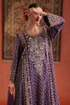 Farha Syed_Purple Silk, Organza Embroidery, Sequins, Zari Split V-neck Kurta Pant Set _at_Aza_Fashions