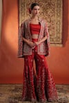 Buy_Farha Syed_Red Silk Embroidery, Zari Halter Neck, Mandarin Collar Cape And Sharara Set _Online_at_Aza_Fashions