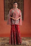 Buy_Farha Syed_Red Silk Embroidery, Zari Halter Neck, Mandarin Collar Cape And Sharara Set _at_Aza_Fashions