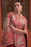 Farha Syed_Red Silk Embroidery, Zari Halter Neck, Mandarin Collar Cape And Sharara Set _at_Aza_Fashions
