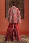 Farha Syed_Red Silk Embroidery, Zari Halter Neck, Mandarin Collar Cape And Sharara Set _Online_at_Aza_Fashions