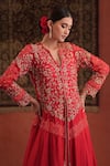 Shop Farha Syed Red Silk, Satin Embroidery, Metallic Thread, Stones, Zari Jacket With Skirt Online at Aza Fashions Shop_Farha Syed_Red Silk, Satin Embroidery, Metallic Thread, Stones, Zari Jacket With Skirt _Online_at_Aza_Fashions