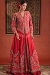 Farha Syed Red Silk, Satin Embroidery, Metallic Thread, Stones, Zari Jacket With Skirt at Aza Fashions Farha Syed_Red Silk, Satin Embroidery, Metallic Thread, Stones, Zari Jacket With Skirt _at_Aza_Fashions