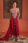 Buy_Farha Syed_Red Silk Embroidery, Zari Halter Neck, Kurta With Pant _Online_at_Aza_Fashions