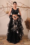 Buy_Farha Syed_Black Net, Organza Sequins, Embroidery, Blouse And Floral Pattern Skirt Set _at_Aza_Fashions