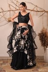 Shop_Farha Syed_Black Net, Organza Sequins, Embroidery, Blouse And Floral Pattern Skirt Set _Online_at_Aza_Fashions