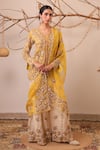 Farha Syed_Yellow Chanderi Silk, Tissue, Organza Embroidery, Peplum Top Sharara Set _at_Aza_Fashions