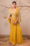 Buy_Farha Syed_Yellow Chiffon, Chanderi Silk, Tissue Zari, Embroidery, Saree And Jacket Set _Online_at_Aza_Fashions