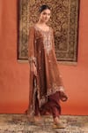 Buy_Farha Syed_Brown Chanderi Silk, Tissue, Shantoon, Organza Embroidery, Zari, Kurta Dhoti Set _Online_at_Aza_Fashions