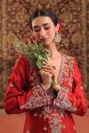 Buy_Farha Syed_Red Silk, Shantoon, Organza Embroidery, Stones, Sequins, Zari V-neck Kurta Set _Online_at_Aza_Fashions