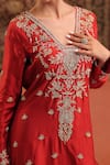 Shop_Farha Syed_Red Silk, Shantoon, Organza Embroidery, Stones, Sequins, Zari V-neck Kurta Set _Online_at_Aza_Fashions