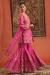 Farha Syed_Pink Silk, Organza Zari, Embroidery, Tassels V-neck Kurta Sharara Set _Online_at_Aza_Fashions