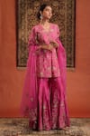 Buy_Farha Syed_Pink Silk, Organza Zari, Embroidery, Tassels V-neck Kurta Sharara Set _Online_at_Aza_Fashions