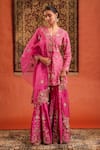 Farha Syed_Pink Silk, Organza Zari, Embroidery, Tassels V-neck Kurta Sharara Set _at_Aza_Fashions