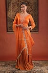 Buy_Farha Syed_Orange Chanderi Silk, Organza Embroidery, Sequins, Beads, Zari Kurta Skirt Set _at_Aza_Fashions
