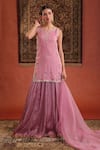 Buy_Farha Syed_Pink Chanderi Silk, Organza Embroidery, Sequins, Side Slit Kurta And Skirt Set _at_Aza_Fashions
