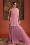 Farha Syed_Pink Chanderi Silk, Organza Embroidery, Sequins, Side Slit Kurta And Skirt Set _at_Aza_Fashions