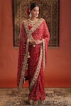 Buy_Farha Syed_Red Georgette Sequins, Zari, Embroidery Round Neck, Square Saree And Blouse Set _Online_at_Aza_Fashions