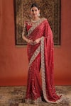 Buy_Farha Syed_Red Georgette Sequins, Zari, Embroidery Round Neck, Square Saree And Blouse Set _at_Aza_Fashions