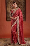 Shop_Farha Syed_Red Georgette Sequins, Zari, Embroidery Round Neck, Square Saree And Blouse Set _Online_at_Aza_Fashions
