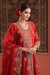 Buy_Farha Syed_Red Silk, Organza Embroidery, Zari, Sequins Split V-neck Kurta Lehenga Set _Online_at_Aza_Fashions