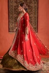 Farha Syed_Red Silk, Organza Embroidery, Zari, Sequins Split V-neck Kurta Lehenga Set _at_Aza_Fashions
