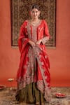 Buy_Farha Syed_Red Silk, Organza Embroidery, Zari, Sequins Split V-neck Kurta Lehenga Set _at_Aza_Fashions