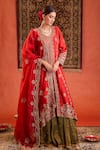 Shop_Farha Syed_Red Silk, Organza Embroidery, Zari, Sequins Split V-neck Kurta Lehenga Set 