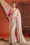 Shop_Farha Syed_Ivory Georgette, Shantoon, Taffeta Sequins, Embroidery, Zari Saree And Blouse Set _Online_at_Aza_Fashions