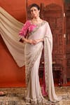 Buy_Farha Syed_Ivory Georgette, Shantoon, Taffeta Sequins, Embroidery, Zari Saree And Blouse Set _at_Aza_Fashions