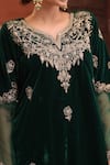 Shop_Farha Syed_Green Velvet, Organza Embroidery, Zari Split V-neck And Kurta Set _Online_at_Aza_Fashions