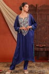Farha Syed_Navy Silk, Lycra Sequins, Beads, Embroidery, Metallic Thread Kaftaan And Pant Set _at_Aza_Fashions