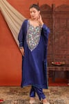 Buy_Farha Syed_Navy Silk, Lycra Sequins, Beads, Embroidery, Metallic Thread Kaftaan And Pant Set 