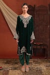 Shop_Farha Syed_Green Velvet, Shantoon Embroidery V-neck Phiran Kaftan With Dhoti Pant _Online_at_Aza_Fashions