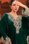 Buy_Farha Syed_Green Velvet, Shantoon Embroidery V-neck Phiran Kaftan With Dhoti Pant 